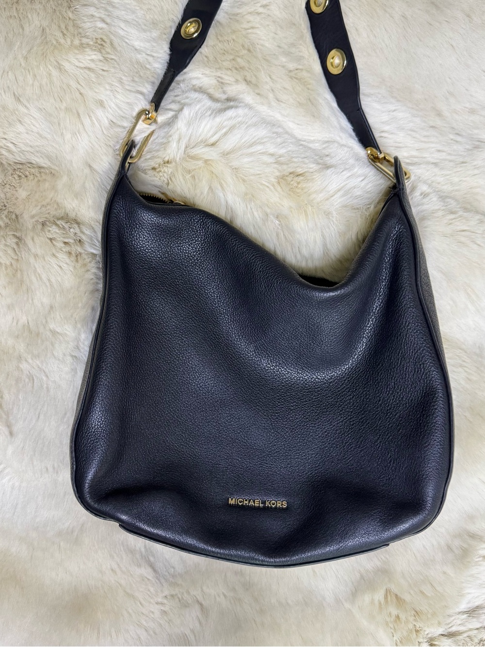 Michael Kors Black Pebbled Leather Hobo Shoulder Bag with Gold Accents